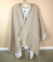 One Size Acrylic Beige White Spell Out Blanket Cardigan Shawl