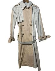 AVEC LES FILLES Colorblock Raglan Trench Coat Tan and Blue Plaid Patchwork S