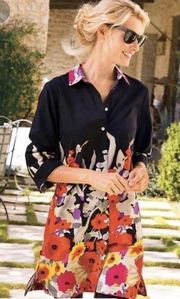 Black and Floral Cotton Button Down Shirt Dress