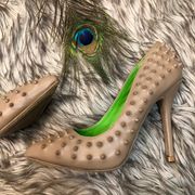 CLOSE OUT! ANNE MICHELLE Vegan Leather Nude Spiked Heels | 5.5