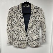 Monteau Floral Lace Cream Navy Blue Blazer Jacket Womens Size Medium Career