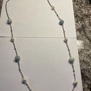 Signed Talbots Faux Pearl / Blue Silver Tone Bead Statement Costume Necklace