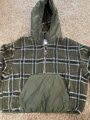 cropped olive green high pile hooded teddy jacket coat quarter zip fleece m