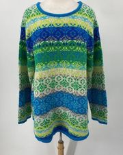 J Jill Pullover Sweater Fair Isle Stripe Patterned Crewneck Blue Green Womens XL