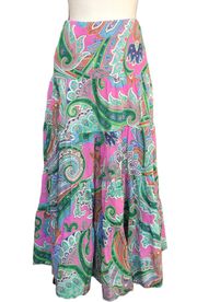 Lauren  Pink Green Paisley Tiered Skirt Boho Midi Bright M