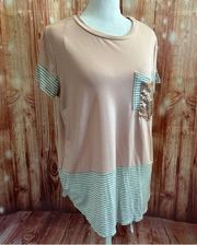 Vanilla Bay Mixed Print Rose Gold Sequin Pocket T Shirt