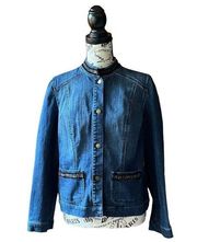 Chico’s Womens Gold Embellished Denim Jeans Jacket Biker Moto  Pockets Size 0 S