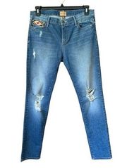 Driftwood Marilyn Aztec Embroidered Distressed Straight Leg Jeans Blue Size 30 x