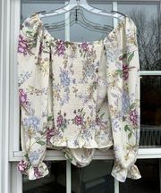 ROSE + OLIVE Floral Short Puffed Sleeve Square Neck Ruched Top size Small New