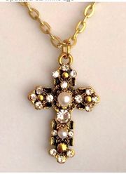 Antique Gold Rhinestones And Pearls Cross Necklace