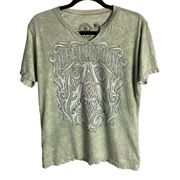 Affliction Womens Size Large Tee Shirt Rhinestones Green Splatter Y2K  Grunge