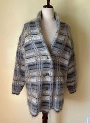 Vintage 90s Susan Bristol Mohair Wool Sweater Jacket Button Up Blue Cream Small