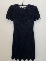 Laurence Kazar Vintage Black Short Sleeve Beaded Sequined Midi Cocktail Dress Sm