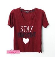 PJ Salvage Stay Pawsitive Graphic V-Neck T-Shirt Dog Cat Heart Maroon Tee Top S