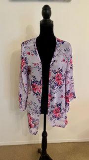 Purple Pink Floral 3/4 Sleeve Open Kimono Size Medium