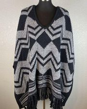 Express Womens Poncho Sweater OS Geo Aztec Black Gray Wool Alpaca Blend Fringe
