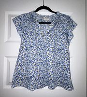 Ditsy Floral Print Ruffle Cap Sleeves Split Neckline Blouse Top