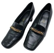 Vintage gold chain detailed black leather heeled loafers