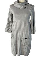 Style & Co X-Small A-Line Sweater Dress 3/4 Sleeve Cowl Neck Stretch Silver Gray