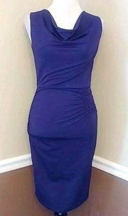 NEW Klaxon Modcloth Navy Blue Stretch Form Fitted Ruched Waist Cowl Neck Dress S