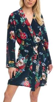 Johnny Was Evelyn Silk Sleep Robe Floral Print Cozy Navy Blue Size XS