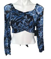 NWT, Japna Blue Black Floral Long Sleeve Pleated Tie Back Crop Top, Sz S