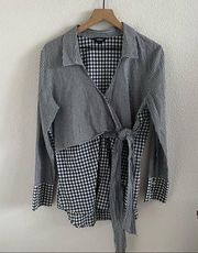 Express Blue Gingham Check Half Wrap Contemporary Preppy Top Blouse Shirt Large