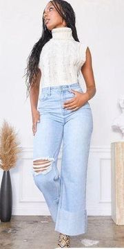 #169 YMI Dixie Wide Leg Rip Jean in Q Celeste Blue Rips