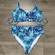Hurley Tropical Blue Palm High Waisted Two Piece Bikini Size Large