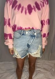 Asymmetrical Distressed Denim Shorts 