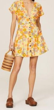 Marine Layer Camila Mini Dress Yellow Retro Floral Hemp Tencel Blend Size Small