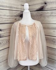 Vintage 50s/60s  Cream Sheer Lace Open Front Bed Jacket Lingerie Top