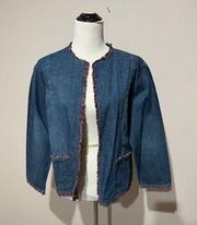 Chico’s light weight open front denim jacket with silk trim size 2 fits L