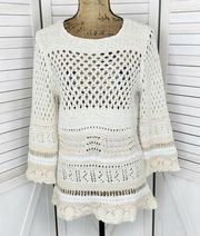 Coldwater Creek Open Weave Crochet Sweater Ivory Cream Large