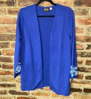 Bob Mackie Blue Embroidered Sleeve Open Front Cardigan Women's Size Large