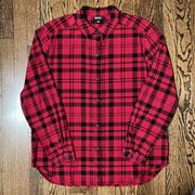 NWOT DONNA KARAN SILK RED & BLACK PLAID LONG SLEEVE BUTTON UP