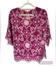 Solitaire magenta dark pink embroidered floral print peasant boho blouse small