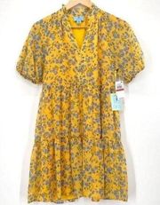 CeCe Floral Print Babydoll Dress Saffron Yellow