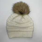 C.C Exclusive Faux Fur Pom Pom Cream Cable Knit Beanie Ivory Stretch Cozy OS