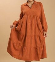 Umgee Womens size 1X Textured Long Sleeve Tiered Maxi Dress Orange Boho Prairie