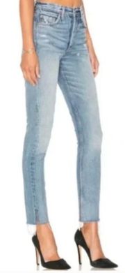 - Karolina High Rise Skinny Raw Hem Button Fly Jeans