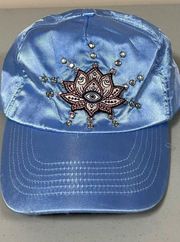 Blue Periwinkle Satin Lotus Flower Evil Eye Moon Patch Gem Studded Baseball Cap Trucker Hat 🪷✨