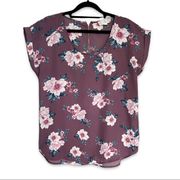 Pink Republic Purple Burgundy Floral Top Lightweight Scoop Neck Blouse M