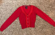 ruffle trim, rhinestone button cardigan