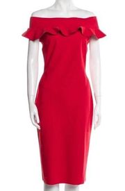 Chiara Boni Off The Shoulder Knee Length Dress Red Sheath Ruffle Size IT 42 US 6