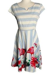 Retro Flamingo Pinup Rockabilly Dress M White Stripes Short Sleeve Swing Zip