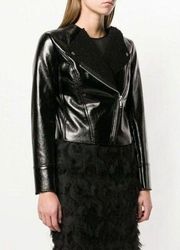 New! MICHAEL KORS Faux Leather Black Biker Jacket Size XS Faux Shearling Collar