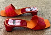 Vintage Y2K 90s Stuart Weitzman Embroidered Orange Pink Red Mule Sandals sz 8.5