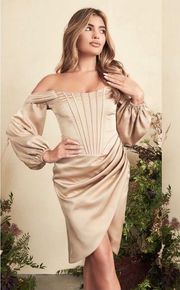 Lavish Alice Satin Off Shoulder Balloon Sleeve Corset Midi Dress Gold