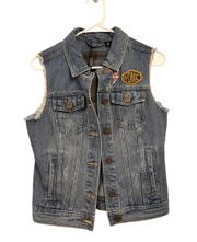 Women SKULL LIGHTENING Denim Vest Blue Button XS Vintage Biker